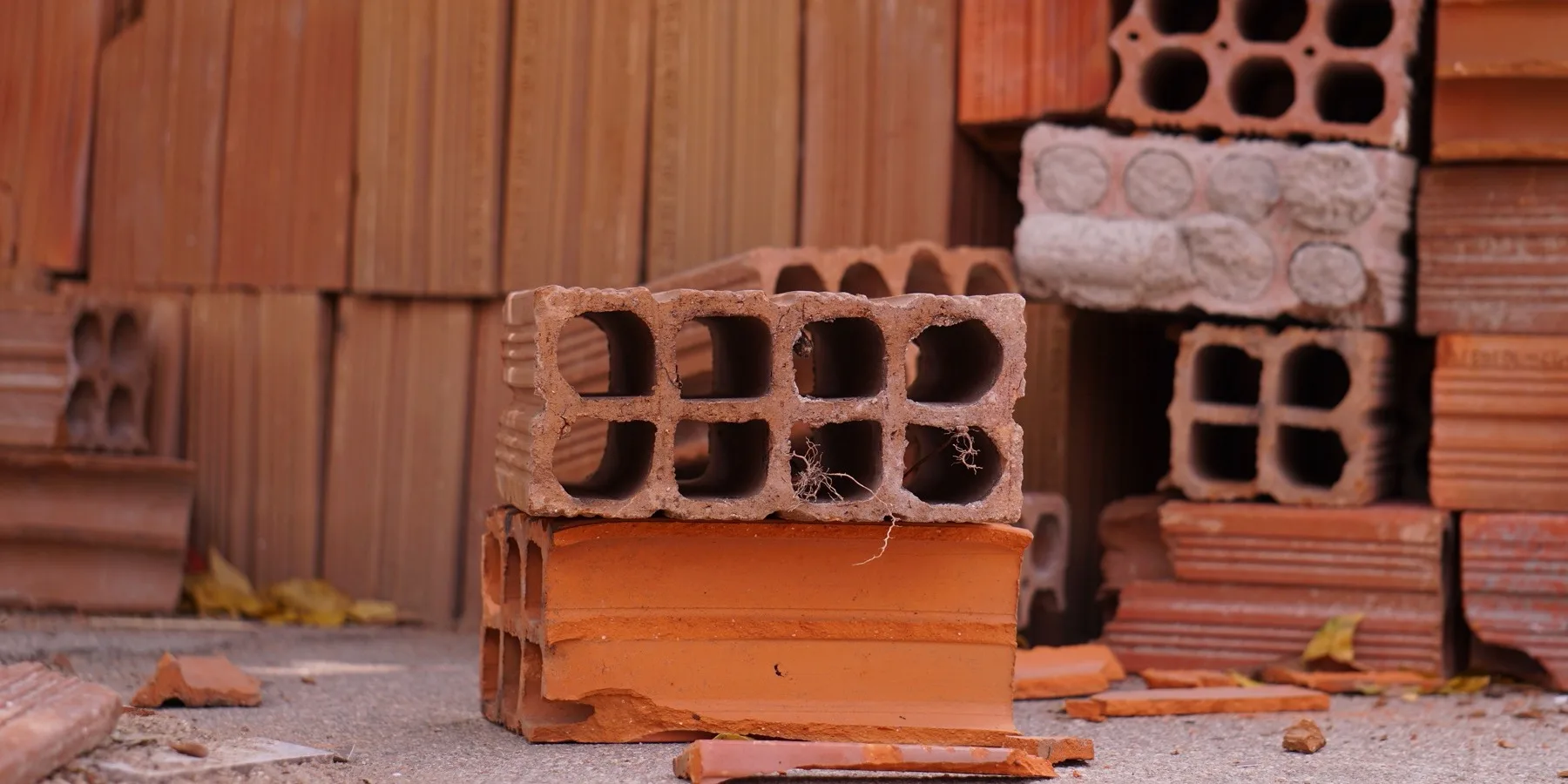 A stack of clay bricks showing face and course dimensions