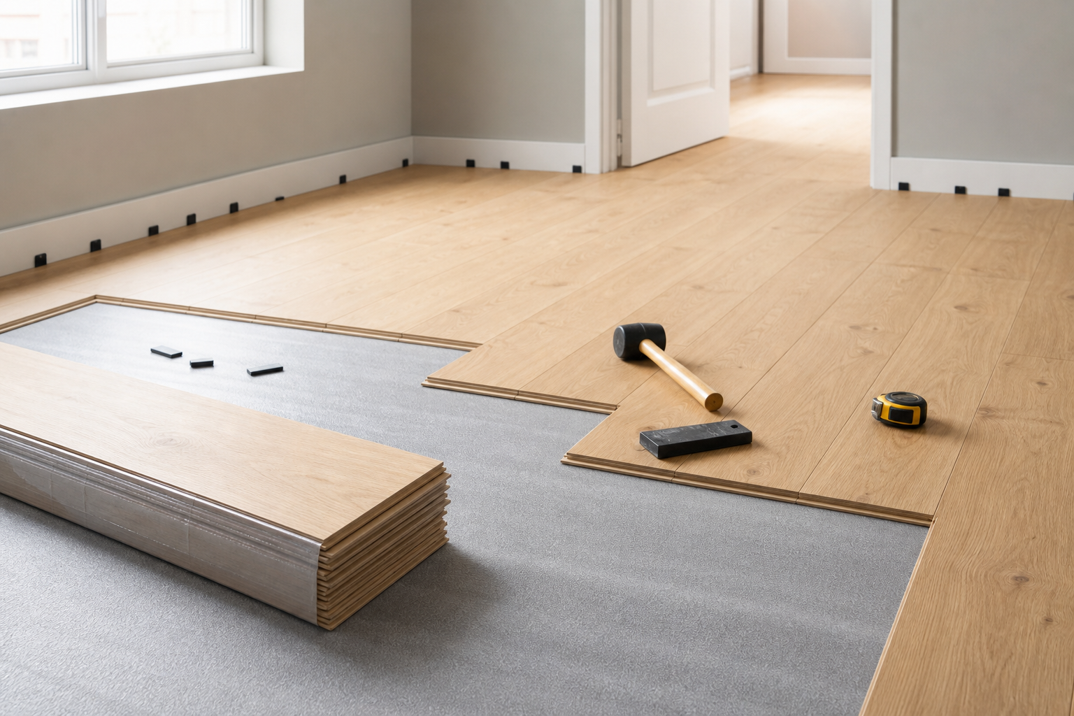 Laminate flooring installation with underlay, mallet and measuring tools