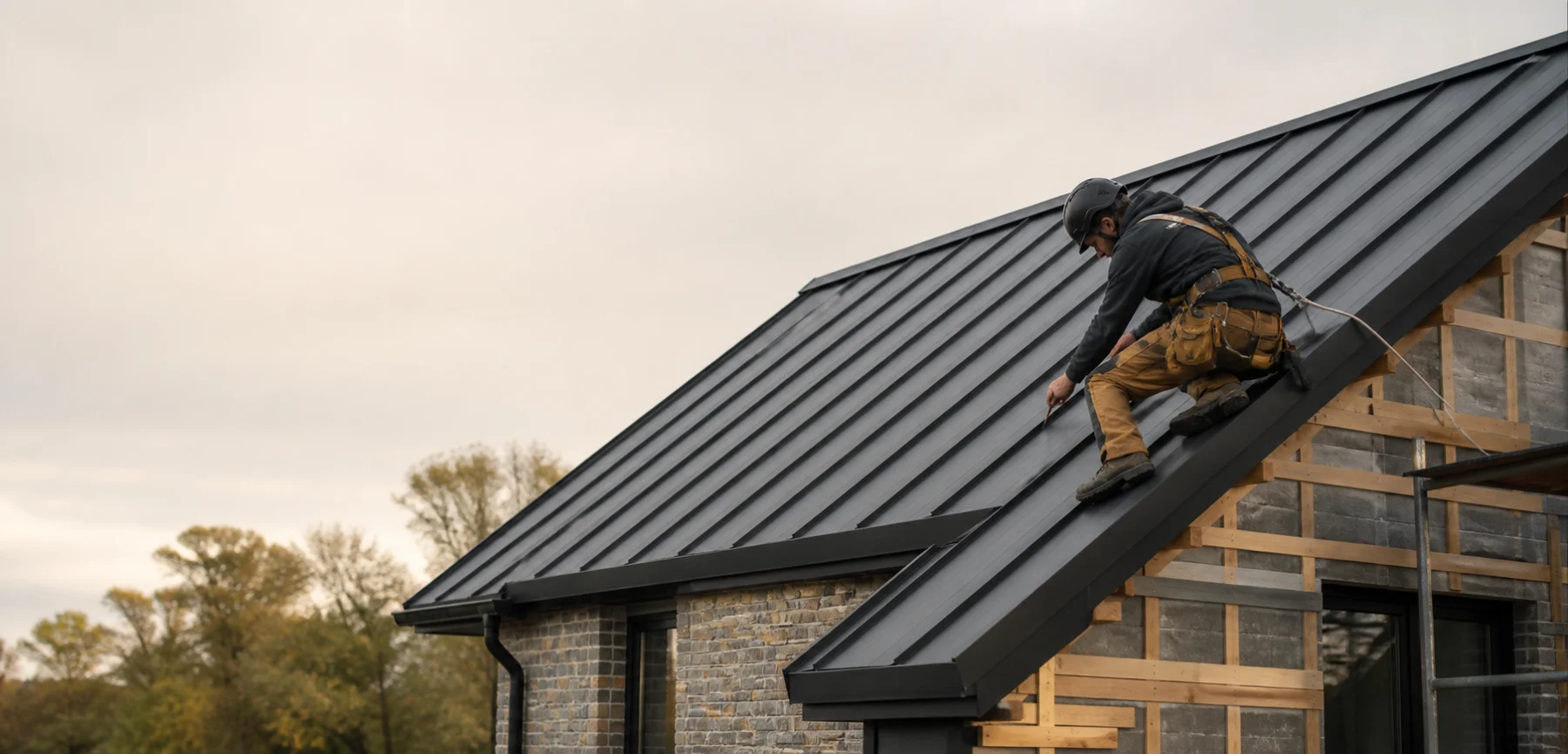 Roofer fitting dark standing-seam panels to a pitched residential roof