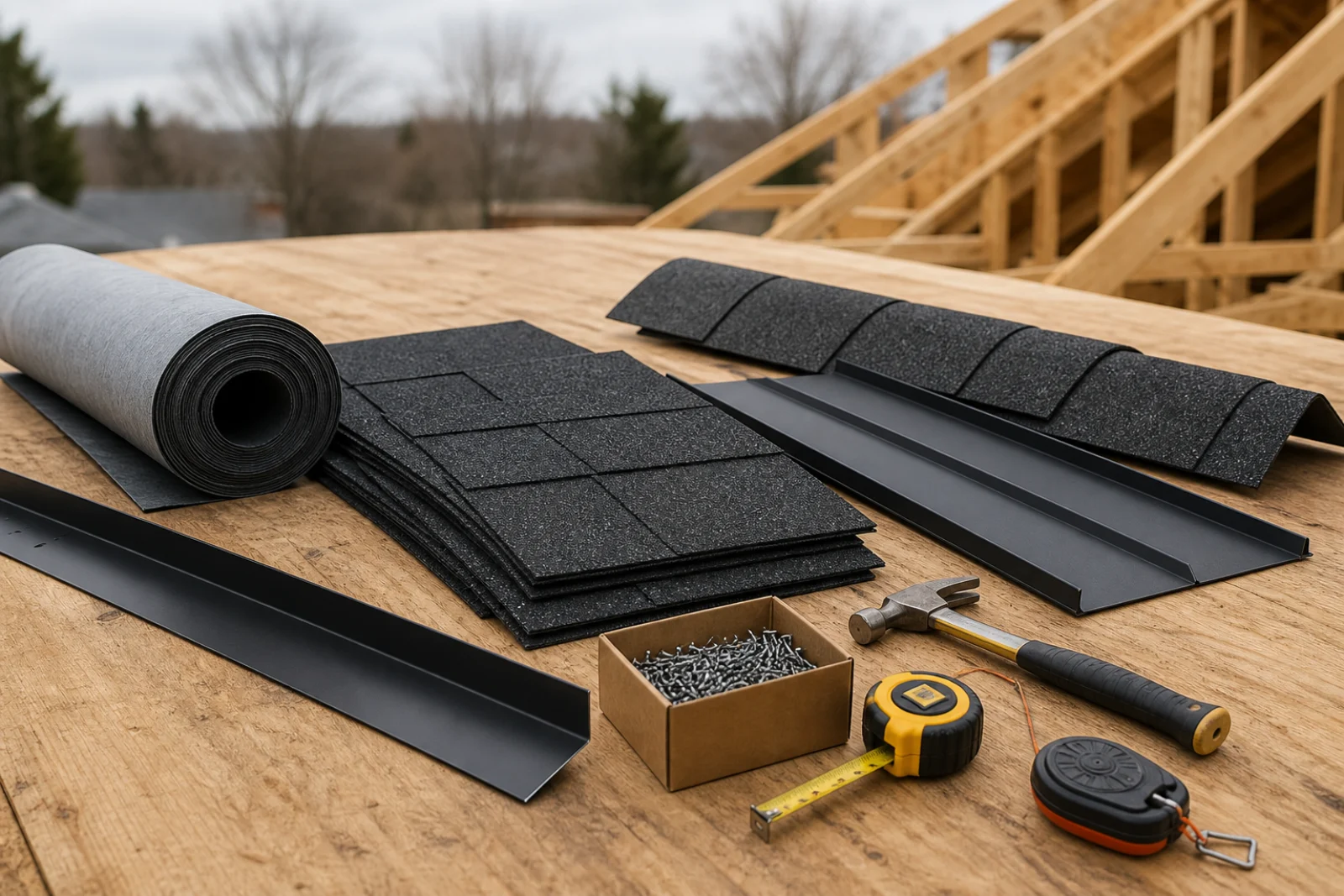 Roofing shingles, membrane, metal trim, fasteners and fitting tools arranged on a timber roof deck