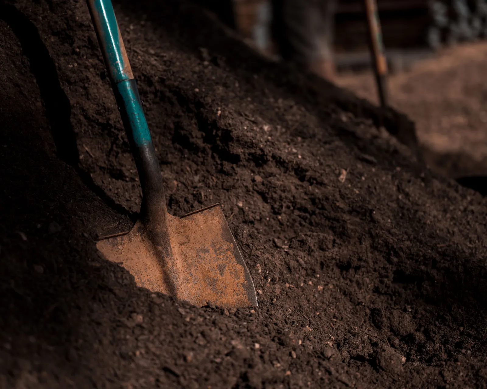 A shovel standing in a pile of dark soil
