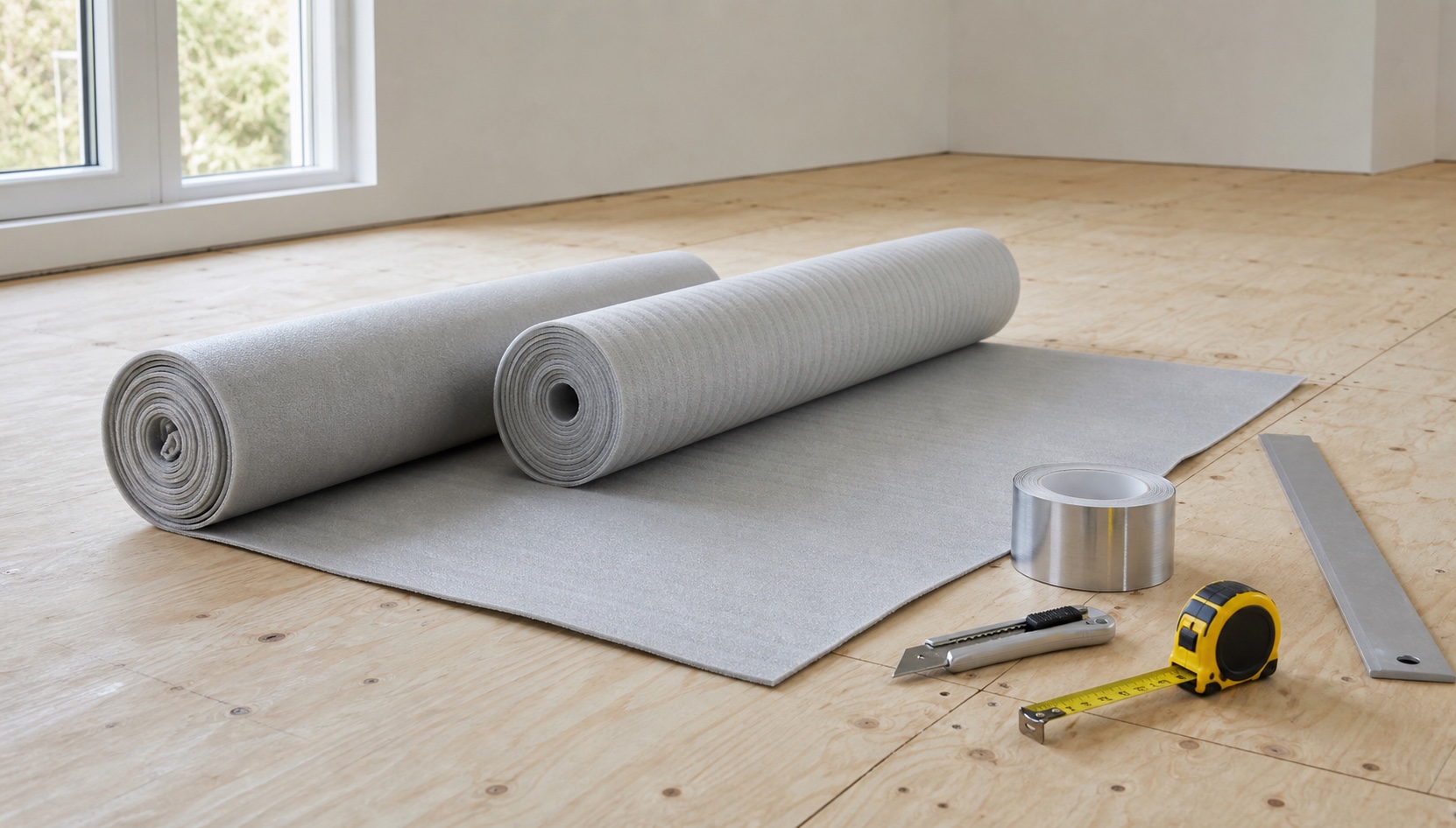 Underlay rolls, joint tape and floor fitting tools